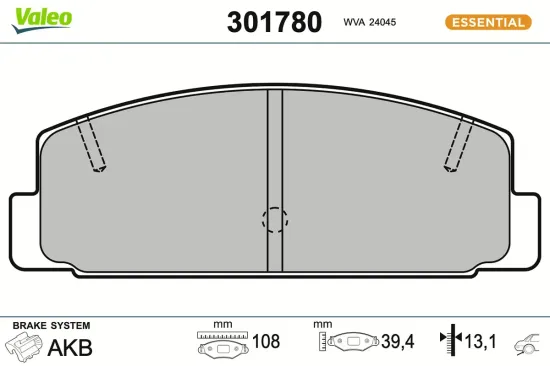 Bremsbelagsatz, Scheibenbremse Hinterachse VALEO 301780 Bild Bremsbelagsatz, Scheibenbremse Hinterachse VALEO 301780