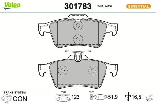 Bremsbelagsatz, Scheibenbremse Hinterachse VALEO 301783 Bild Bremsbelagsatz, Scheibenbremse Hinterachse VALEO 301783