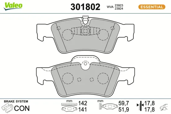 Bremsbelagsatz, Scheibenbremse Hinterachse VALEO 301802 Bild Bremsbelagsatz, Scheibenbremse Hinterachse VALEO 301802