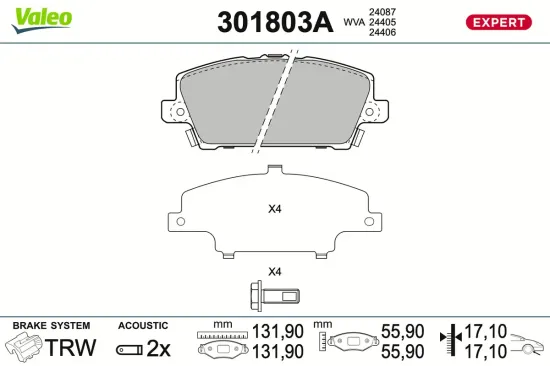 Bremsbelagsatz, Scheibenbremse Vorderachse VALEO 301803A Bild Bremsbelagsatz, Scheibenbremse Vorderachse VALEO 301803A