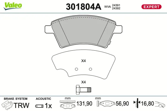 Bremsbelagsatz, Scheibenbremse Vorderachse VALEO 301804A Bild Bremsbelagsatz, Scheibenbremse Vorderachse VALEO 301804A
