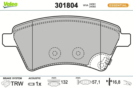 Bremsbelagsatz, Scheibenbremse Vorderachse VALEO 301804 Bild Bremsbelagsatz, Scheibenbremse Vorderachse VALEO 301804