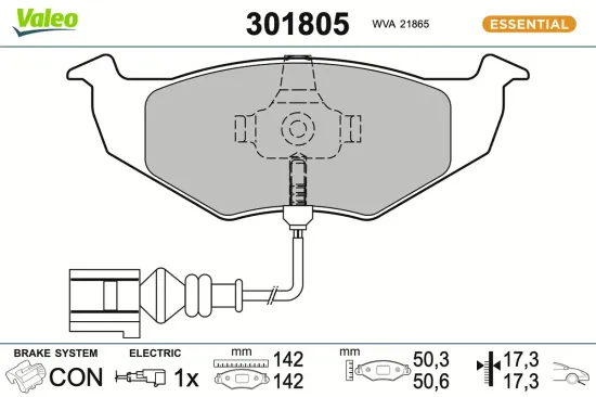 Bremsbelagsatz, Scheibenbremse Vorderachse VALEO 301805 Bild Bremsbelagsatz, Scheibenbremse Vorderachse VALEO 301805