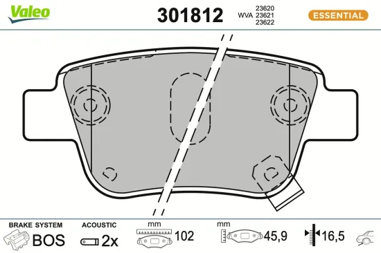 Bremsbelagsatz, Scheibenbremse Hinterachse VALEO 301812 Bild Bremsbelagsatz, Scheibenbremse Hinterachse VALEO 301812