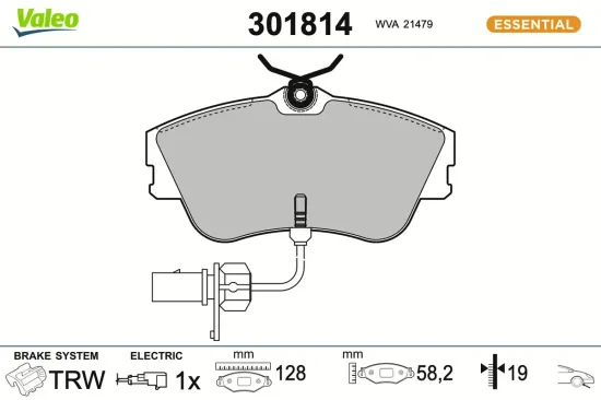 Bremsbelagsatz, Scheibenbremse Vorderachse VALEO 301814 Bild Bremsbelagsatz, Scheibenbremse Vorderachse VALEO 301814