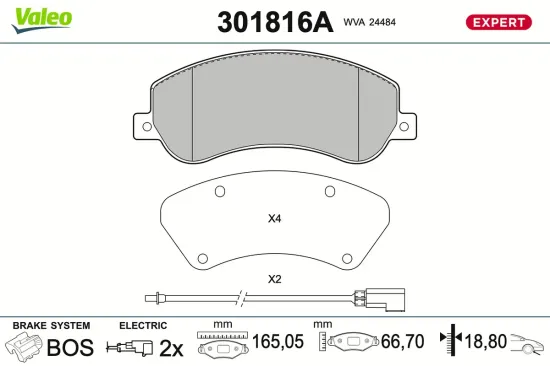 Bremsbelagsatz, Scheibenbremse Vorderachse VALEO 301816A Bild Bremsbelagsatz, Scheibenbremse Vorderachse VALEO 301816A