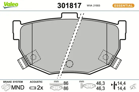 Bremsbelagsatz, Scheibenbremse Hinterachse VALEO 301817 Bild Bremsbelagsatz, Scheibenbremse Hinterachse VALEO 301817