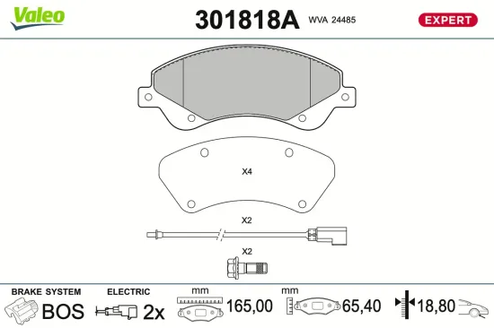 Bremsbelagsatz, Scheibenbremse Vorderachse VALEO 301818A Bild Bremsbelagsatz, Scheibenbremse Vorderachse VALEO 301818A
