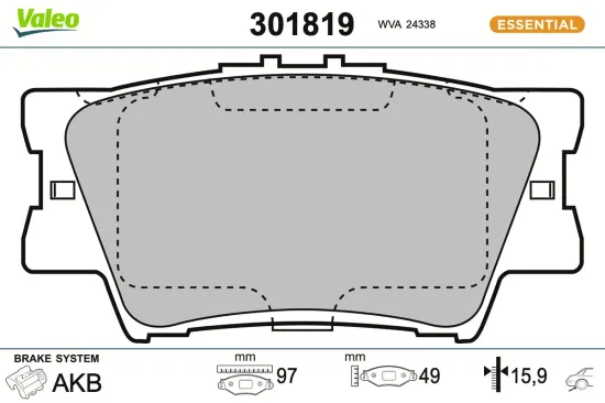 Bremsbelagsatz, Scheibenbremse Hinterachse VALEO 301819 Bild Bremsbelagsatz, Scheibenbremse Hinterachse VALEO 301819