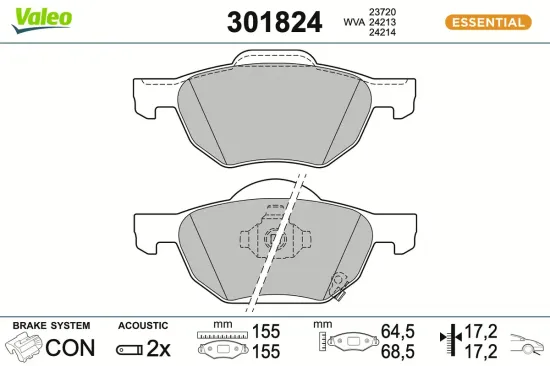Bremsbelagsatz, Scheibenbremse Vorderachse VALEO 301824 Bild Bremsbelagsatz, Scheibenbremse Vorderachse VALEO 301824