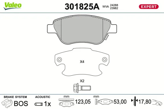 Bremsbelagsatz, Scheibenbremse Vorderachse VALEO 301825A Bild Bremsbelagsatz, Scheibenbremse Vorderachse VALEO 301825A