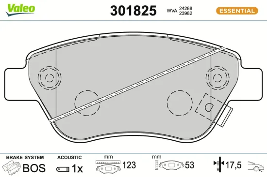 Bremsbelagsatz, Scheibenbremse Vorderachse VALEO 301825 Bild Bremsbelagsatz, Scheibenbremse Vorderachse VALEO 301825