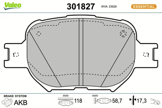 Bremsbelagsatz, Scheibenbremse Vorderachse VALEO 301827 Bild Bremsbelagsatz, Scheibenbremse Vorderachse VALEO 301827