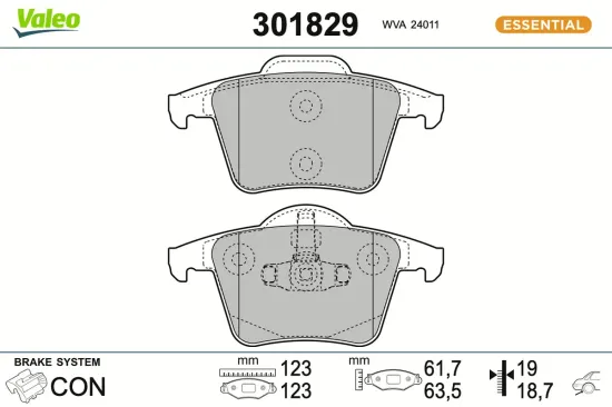Bremsbelagsatz, Scheibenbremse Hinterachse VALEO 301829 Bild Bremsbelagsatz, Scheibenbremse Hinterachse VALEO 301829