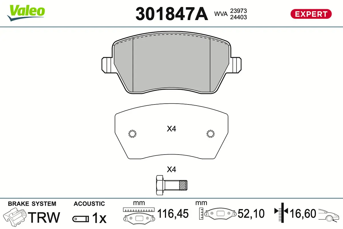 Bremsbelagsatz, Scheibenbremse Vorderachse VALEO 301847A