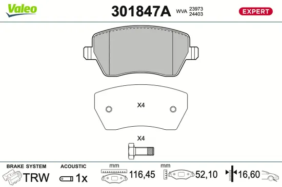 Bremsbelagsatz, Scheibenbremse Vorderachse VALEO 301847A Bild Bremsbelagsatz, Scheibenbremse Vorderachse VALEO 301847A