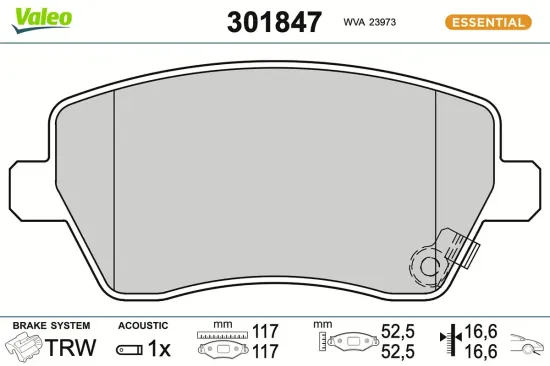 Bremsbelagsatz, Scheibenbremse Vorderachse VALEO 301847 Bild Bremsbelagsatz, Scheibenbremse Vorderachse VALEO 301847