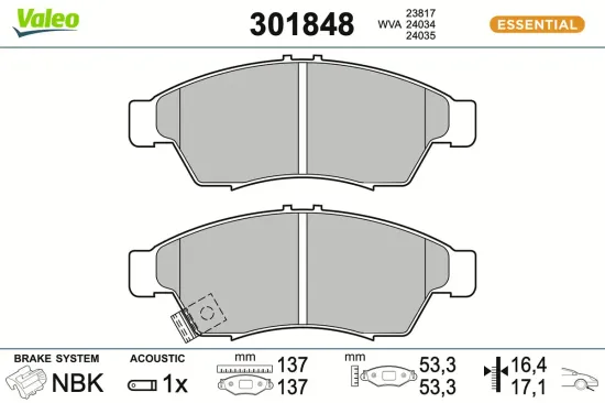 Bremsbelagsatz, Scheibenbremse Vorderachse VALEO 301848 Bild Bremsbelagsatz, Scheibenbremse Vorderachse VALEO 301848