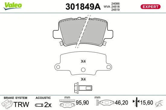 Bremsbelagsatz, Scheibenbremse Hinterachse VALEO 301849A Bild Bremsbelagsatz, Scheibenbremse Hinterachse VALEO 301849A