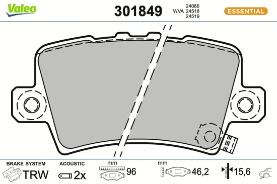 Bremsbelagsatz, Scheibenbremse Hinterachse VALEO 301849 Bild Bremsbelagsatz, Scheibenbremse Hinterachse VALEO 301849