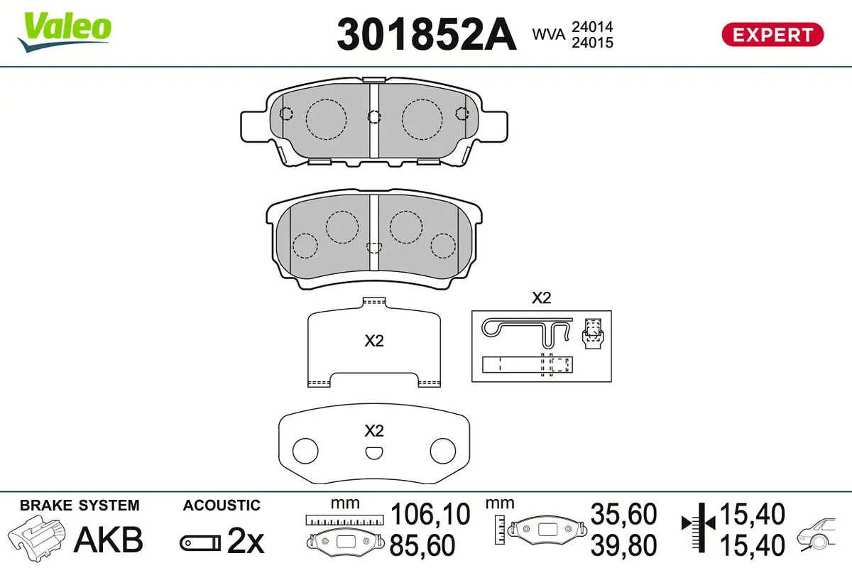 Bremsbelagsatz, Scheibenbremse Hinterachse VALEO 301852A