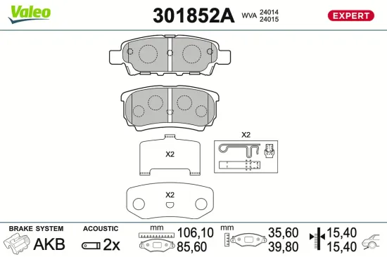 Bremsbelagsatz, Scheibenbremse Hinterachse VALEO 301852A Bild Bremsbelagsatz, Scheibenbremse Hinterachse VALEO 301852A