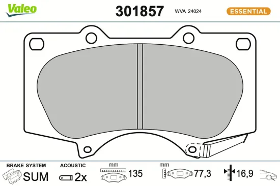 Bremsbelagsatz, Scheibenbremse Vorderachse VALEO 301857 Bild Bremsbelagsatz, Scheibenbremse Vorderachse VALEO 301857