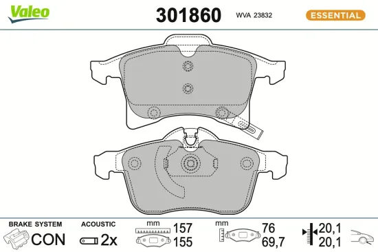 Bremsbelagsatz, Scheibenbremse Vorderachse VALEO 301860 Bild Bremsbelagsatz, Scheibenbremse Vorderachse VALEO 301860