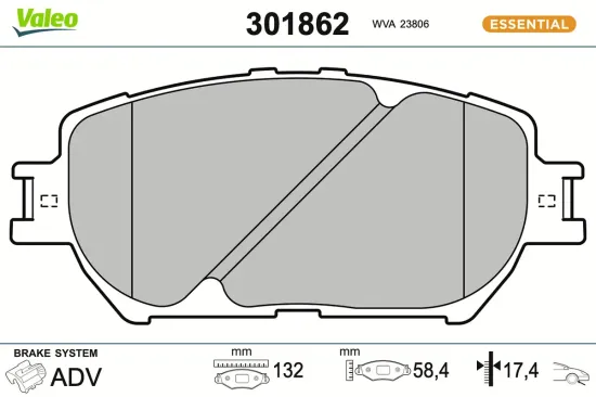 Bremsbelagsatz, Scheibenbremse Vorderachse VALEO 301862 Bild Bremsbelagsatz, Scheibenbremse Vorderachse VALEO 301862