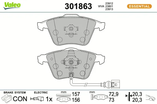Bremsbelagsatz, Scheibenbremse Vorderachse VALEO 301863 Bild Bremsbelagsatz, Scheibenbremse Vorderachse VALEO 301863