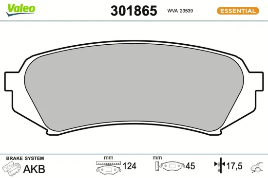 Bremsbelagsatz, Scheibenbremse Hinterachse VALEO 301865 Bild Bremsbelagsatz, Scheibenbremse Hinterachse VALEO 301865