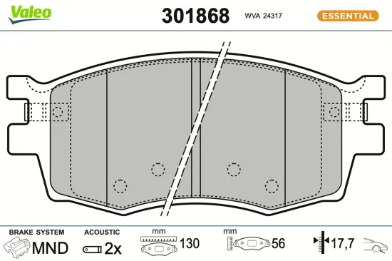 Bremsbelagsatz, Scheibenbremse Vorderachse VALEO 301868 Bild Bremsbelagsatz, Scheibenbremse Vorderachse VALEO 301868