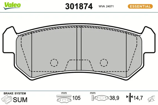 Bremsbelagsatz, Scheibenbremse Hinterachse VALEO 301874 Bild Bremsbelagsatz, Scheibenbremse Hinterachse VALEO 301874