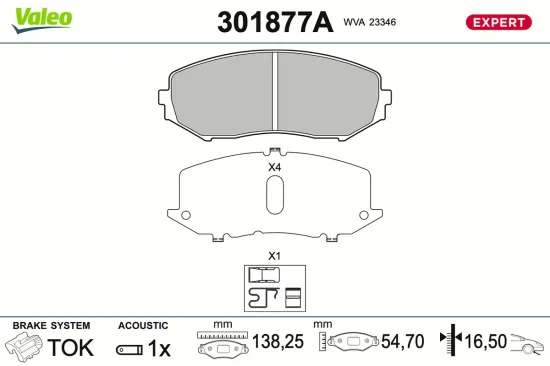 Bremsbelagsatz, Scheibenbremse Vorderachse VALEO 301877A Bild Bremsbelagsatz, Scheibenbremse Vorderachse VALEO 301877A