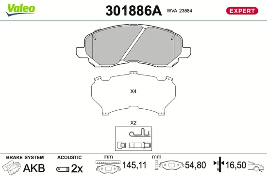 Bremsbelagsatz, Scheibenbremse Vorderachse VALEO 301886A Bild Bremsbelagsatz, Scheibenbremse Vorderachse VALEO 301886A