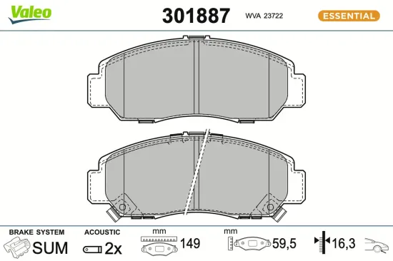 Bremsbelagsatz, Scheibenbremse Vorderachse VALEO 301887 Bild Bremsbelagsatz, Scheibenbremse Vorderachse VALEO 301887
