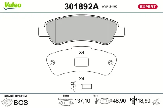 Bremsbelagsatz, Scheibenbremse Hinterachse VALEO 301892A Bild Bremsbelagsatz, Scheibenbremse Hinterachse VALEO 301892A