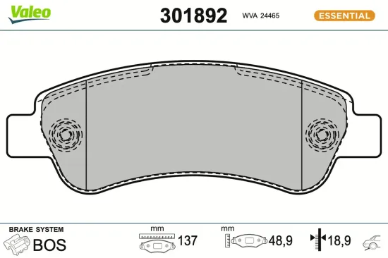 Bremsbelagsatz, Scheibenbremse Hinterachse VALEO 301892 Bild Bremsbelagsatz, Scheibenbremse Hinterachse VALEO 301892