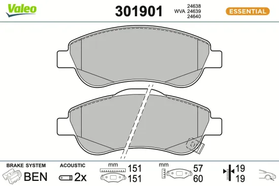 Bremsbelagsatz, Scheibenbremse Vorderachse VALEO 301901 Bild Bremsbelagsatz, Scheibenbremse Vorderachse VALEO 301901