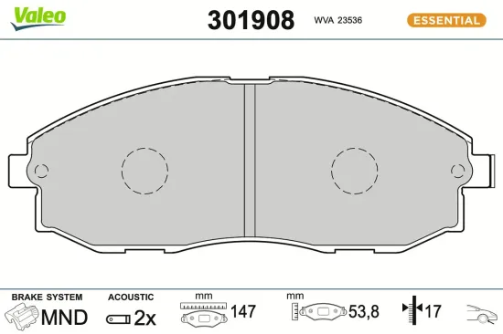 Bremsbelagsatz, Scheibenbremse Vorderachse VALEO 301908 Bild Bremsbelagsatz, Scheibenbremse Vorderachse VALEO 301908