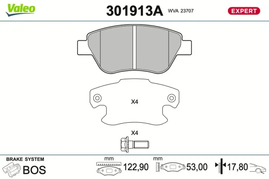 Bremsbelagsatz, Scheibenbremse Vorderachse VALEO 301913A Bild Bremsbelagsatz, Scheibenbremse Vorderachse VALEO 301913A