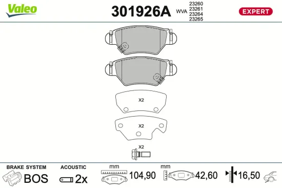 Bremsbelagsatz, Scheibenbremse Hinterachse VALEO 301926A Bild Bremsbelagsatz, Scheibenbremse Hinterachse VALEO 301926A