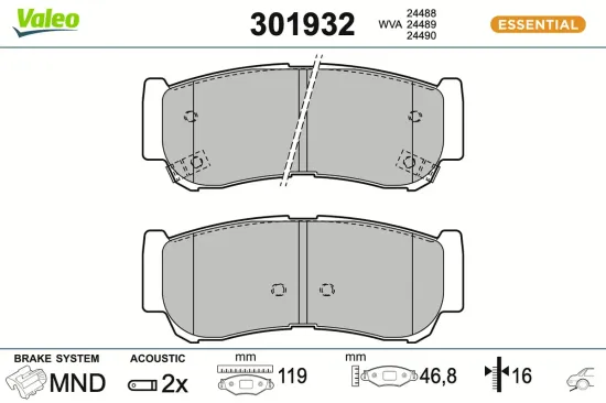 Bremsbelagsatz, Scheibenbremse Hinterachse VALEO 301932 Bild Bremsbelagsatz, Scheibenbremse Hinterachse VALEO 301932