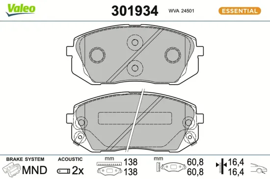 Bremsbelagsatz, Scheibenbremse Vorderachse VALEO 301934 Bild Bremsbelagsatz, Scheibenbremse Vorderachse VALEO 301934