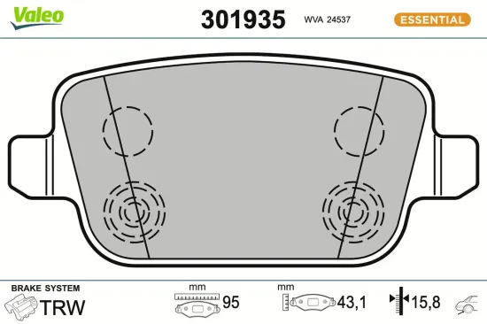 Bremsbelagsatz, Scheibenbremse Hinterachse VALEO 301935 Bild Bremsbelagsatz, Scheibenbremse Hinterachse VALEO 301935