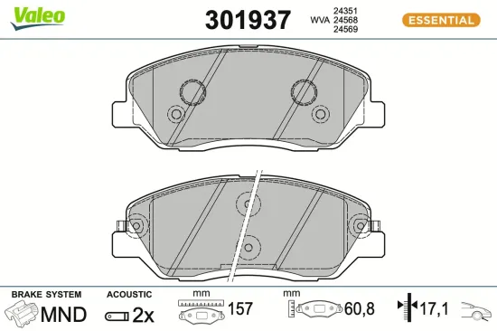 Bremsbelagsatz, Scheibenbremse Vorderachse VALEO 301937 Bild Bremsbelagsatz, Scheibenbremse Vorderachse VALEO 301937
