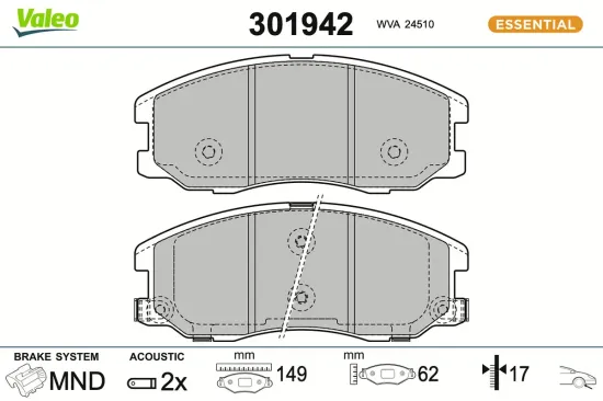 Bremsbelagsatz, Scheibenbremse Vorderachse VALEO 301942 Bild Bremsbelagsatz, Scheibenbremse Vorderachse VALEO 301942