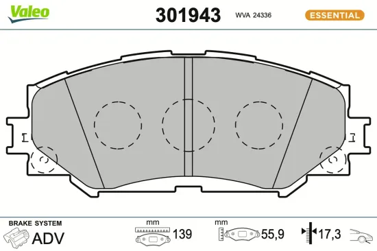 Bremsbelagsatz, Scheibenbremse Vorderachse VALEO 301943 Bild Bremsbelagsatz, Scheibenbremse Vorderachse VALEO 301943