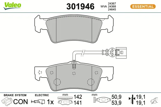Bremsbelagsatz, Scheibenbremse Hinterachse VALEO 301946 Bild Bremsbelagsatz, Scheibenbremse Hinterachse VALEO 301946