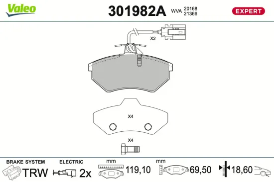 Bremsbelagsatz, Scheibenbremse Vorderachse VALEO 301982A Bild Bremsbelagsatz, Scheibenbremse Vorderachse VALEO 301982A
